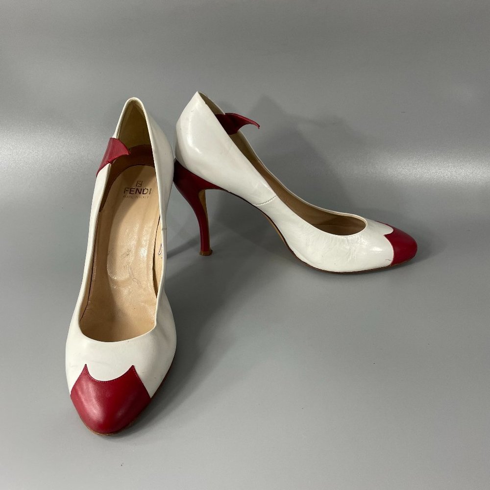 Exquisite Vintage Fendi White Leather with "Red Flame"  Pump, Size 40